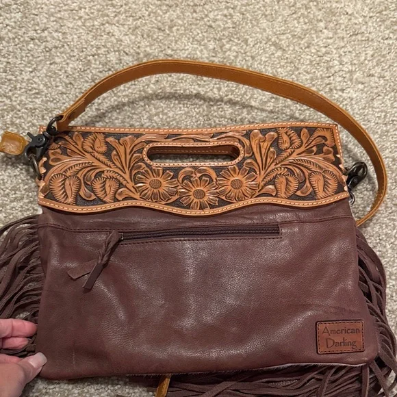 American Darling Tan and Cream Crossbody Bag with Fringe - Picture 8 of 10